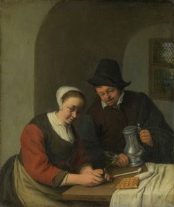 woman and man sitting secretively in an inn