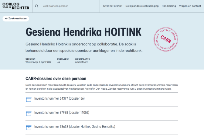 CABR - detail page for Gesiena Hendrika Hoitink